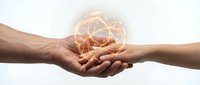Two hands reaching toward each other with glowing brain and network connections symbolizing knowledge transfer, collaboration and shared intelligence.