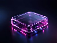 Glowing transparent glass square container with pink and blue neon lighting effects against dark background, modern minimalist design for technology concept.