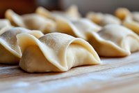 Fresh uncooked dumplings with delicate folds on wooden cutting board dusted with flour, close-up view showing traditional handmade pasta preparation technique.