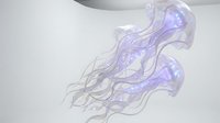 Glowing translucent jellyfish with iridescent purple hues floating gracefully against a clean white background, perfect for modern interior decor.