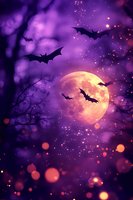Mystical purple night sky with full moon and flying bats silhouettes against magical bokeh lights and tree branches creating spooky Halloween atmosphere.