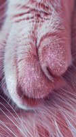 Close-up of pink cat nose with delicate whiskers and fine fur texture, showcasing the intricate details of feline facial features.