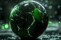 Soccer ball with glowing green light effects and water drops on dark background, dramatic sports equipment photography with bokeh highlights and reflections.