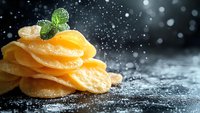 Fresh potato chips stacked with mint leaf garnish on dark background with water drops and dramatic lighting, macro food photography for restaurant menu.