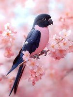Pink-breasted parrot perched on blooming cherry blossom branch against soft pink bokeh background, creating dreamy spring atmosphere for nature and wildlife designs.