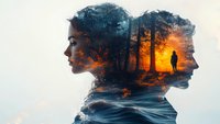 Double exposure portrait combining female silhouette with mysterious forest scene at sunset, lone figure standing among trees, artistic photography composition.