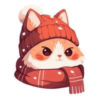 Cute kawaii fox character wearing red winter knit hat and scarf with snow dots, isolated on white background for stickers and children designs.