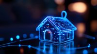 Glowing blue neon house on circuit board pattern with bokeh background creates futuristic smart home technology concept for digital transformation.