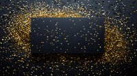 Luxurious black rectangle frame surrounded by scattered gold glitter particles on dark background, creating elegant festive atmosphere for holiday designs.