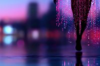 Futuristic cityscape with digital rain effect and silhouette walking on reflective surface against purple and pink neon backdrop. Cyberpunk atmosphere with bokeh lights.