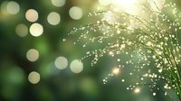Delicate grass stems with morning dew drops sparkle against blurred green bokeh background creating dreamy natural macro photography effect.