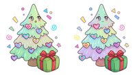 Cute kawaii Christmas trees with colorful hearts and gift boxes. Festive holiday cartoon illustration isolated on white background for greeting cards.