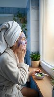 Young woman applying facial mask in bathroom wearing white bathrobe and towel on head enjoying morning skincare routine by window with natural light.