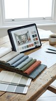 Interior designer workspace with tablet showing room design, fabric samples, color swatches and blueprints on wooden desk for home renovation planning.