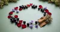 Handmade natural wreath with red rose petals, black berries, purple flowers and copper ribbon on light background for seasonal home decor and crafting projects.