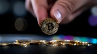 Female hand holding golden bitcoin coin against blurred city nightscape with colorful bokeh lights, representing digital currency and modern finance.