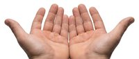 Open cupped hands gesture isolated on white background showing palms in receiving or offering position for charity, giving, prayer concepts.