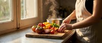 Woman preparing fresh colorful vegetables on wooden cutting board in sunny kitchen with steam rising from hot food creating cozy cooking atmosphere.