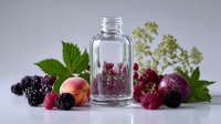 Empty glass bottle surrounded by fresh berries including blackberries, raspberries, and peach with green leaves on light background for food preservation concept.