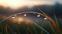 Morning dew drops on curved grass blade against golden sunrise, creating natural lens effect with bokeh background and reflective water spheres.