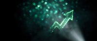 Glowing green upward arrow with bokeh lights on dark background, representing financial growth, stock market success, and business profit increase.