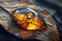 Large water drop on autumn brown leaf captures golden sunlight, creating magical refraction effect with detailed leaf texture and veins in macro photography.