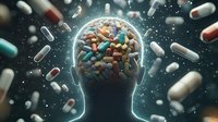 Silhouette of glowing human head filled with pharmaceutical pills and medications floating in dark space, conceptual medical and mental health visualization.
