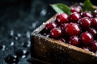 Fresh cranberries in rustic wooden bowl with water droplets on dark background for holiday cooking and seasonal recipes.