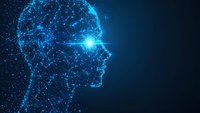 Glowing blue digital human head profile made of connected dots and lines representing artificial intelligence and neural networks on dark background.
