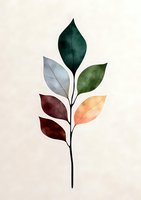Minimalist botanical art featuring colorful leaves in emerald, silver, sage, burgundy and peach arranged on single black stem against neutral background.