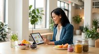 Young Asian businesswoman working on laptop in modern kitchen with healthy breakfast and plants creating productive morning routine workspace.