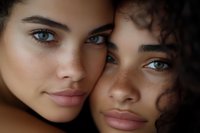 Close-up portrait of two young multiracial women with natural makeup, curly hair and bright blue eyes showing beauty and diversity in modern fashion.