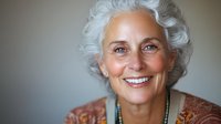 Smiling senior woman with silver curly hair wearing brown sweater and turquoise necklace against neutral background, radiating warmth and confidence in lifestyle portrait.