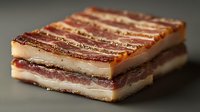 Raw pork belly slice with layers of meat and fat on dark background, fresh cut piece showing marbled texture and natural stripes pattern for cooking.