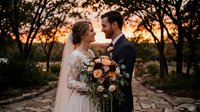 Romantic newlywed couple embracing at golden hour sunset with bridal bouquet under tree canopy for wedding photography and matrimonial celebrations.