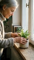 Senior Caucasian woman in cozy sweater tending to small fern plant in ceramic pot by sunny window, peaceful indoor gardening moment at home.