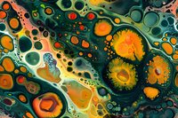 Abstract fluid art background with vibrant orange and emerald green colors creating cosmic-like patterns, perfect for modern interior design or creative projects.