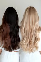 Two women with contrasting long wavy hair - dark brunette with subtle ombre and light blonde highlights - showing trendy hair coloring techniques from behind.
