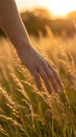 Woman hand gently touching golden wheat field at sunset with warm sunlight creating peaceful agricultural scene for wellness and nature connection.