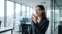 Professional businesswoman wearing smart glasses using voice command technology in modern office environment for corporate communication and productivity.