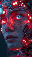 Futuristic cyborg face with glowing red lights and blue eye, illuminated by neon colors against dark background.