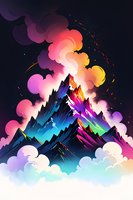 Vibrant mountain peaks emerge through colorful clouds with dramatic lighting effects creating mystical atmosphere. Neon colors blend from cool blues to warm pinks and purples.