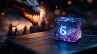 Glowing blue mystical dice with number six on dark wooden surface against blurred dragon figure background creates magical gaming atmosphere.