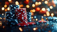 Stacks of red and blue poker chips against blurred bokeh lights background creating atmospheric casino gambling mood with dramatic lighting effects.
