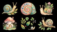 Watercolor snail clipart set with mushroom house and floral elements, isolated on transparent background. Great for stickers, t-shirt design, and print on demand.
