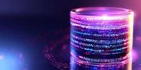 Glowing digital data cylinder with binary code in purple and blue neon lights against dark background, representing big data and information technology.