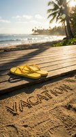 Yellow flip flops on a sunny wooden boardwalk beside vacation written in sand, tropical beach and palm trees in the background.