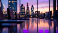 Modern London skyline silhouette reflected in calm water at dusk, with iconic skyscrapers and purple sunset sky creating dramatic urban cityscape.