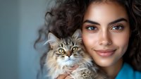 Young mixed race woman with curly dark hair and bright smile holding fluffy Maine Coon cat with yellow eyes against blurred blue background. Pet companionship concept.