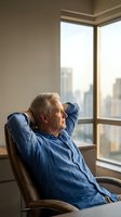 Senior businessman relaxing in leather chair by office window overlooking city skyline during golden hour light for corporate wellness and retirement planning.